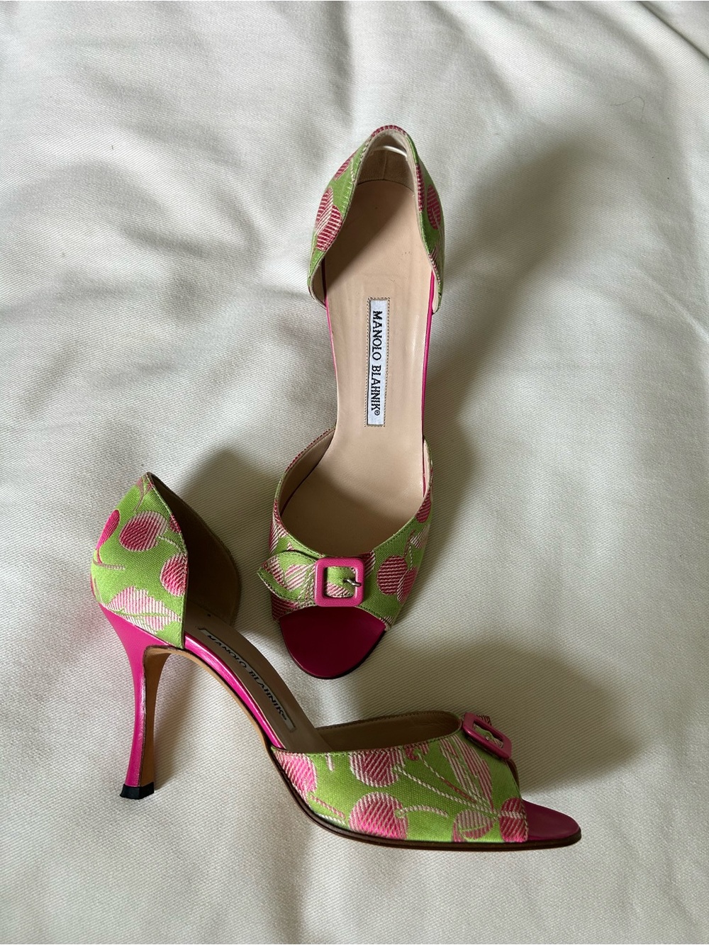 Manolo Blahnik Pink and Green Open-Toe D'Orsay Heels with Buckle - Picture 2 of 4
